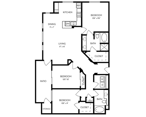 Floor plan for 3 beds, 2 baths, 1430 sqft
